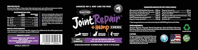 Joint Repair Hip and Joint Chews for Dogs Glucosamine, Chondroitin, MSM, Hemp, Omega 3 &amp; Turmeric for Dog Joint Support, Mobility &amp; Pain Relief - (120 Chicken Chews, Made in USA)