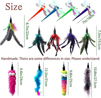 Cat Worm &amp; Dragonfly Teaser Wand Attachments - 13 Pcs Assorted Refills with Bell