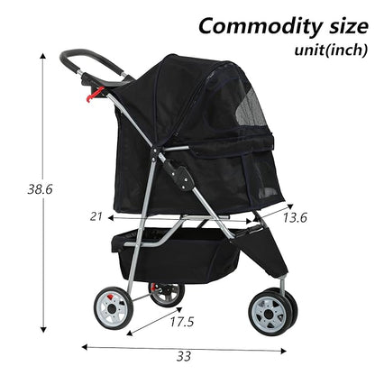 Travel Folding Pet Jogger for Small Medium Dog Cat - Folding Stroller with Storage Basket, Removable Cup Holders (Black, 3 Wheels)