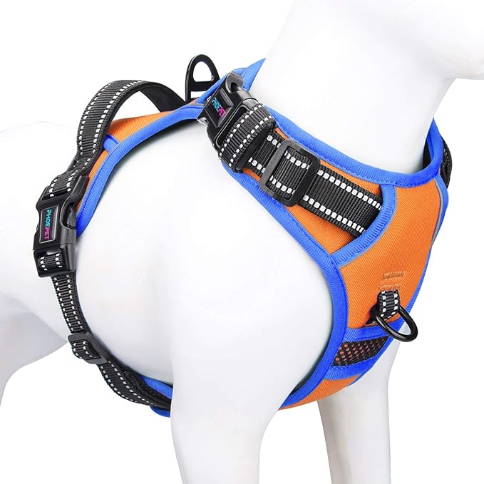 PHOEPET 2019 No Pull Dog Harnesses for Small Dogs Reflective Adjustable Front Clip Vest with Handle 2 Metal Rings 3 Buckles [Easy to Put on &amp; Take Off](S, Orange)