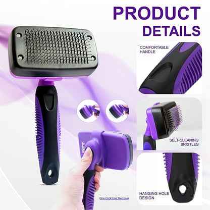 Pet Self Cleaning Slicker Brush and Grooming Comb - Gently Removes Loose Hair, Tangles, and Dirt - Skin Friendly Deshedding Grooming Tool for Hair Dogs &amp; Cats - Pet Supplies Accessories (Purple)