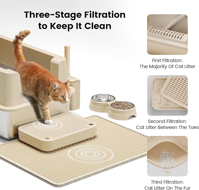 Stainless Steel Cat Litter Box - Enclosed XL Metal Kitty Litter Box with Lid for Big Cats, High Sided, Anti-Leakage, Easy Cleaning, Non-Sticky, Included Spoon &amp; Aisle (Khaki)