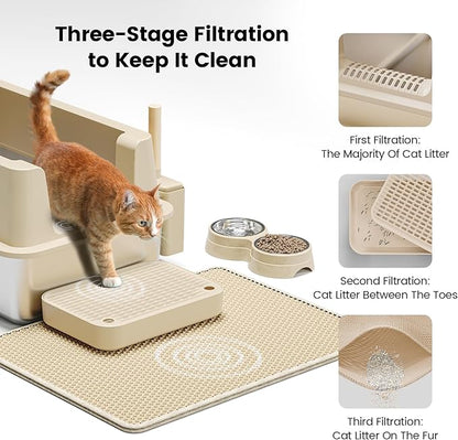 Stainless Steel Cat Litter Box - Enclosed XL Metal Kitty Litter Box with Lid for Big Cats, High Sided, Anti-Leakage, Easy Cleaning, Non-Sticky, Included Spoon &amp; Aisle (Khaki)