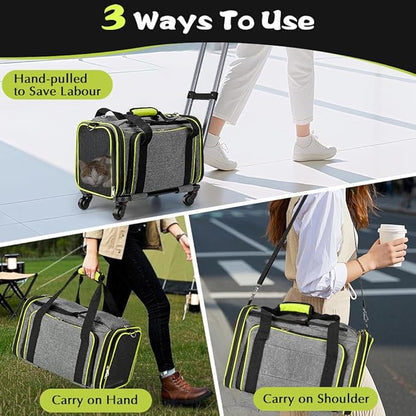 Pet Carrier with Wheels for Cat and Small Dog, Expandable Airline Approved Pet Carrier for Animal Under 15 lbs, Rolling Cats Puppy Carriers Travel Bag for Traveling and Camping