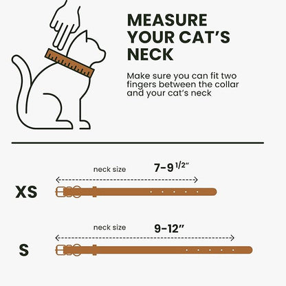 BRONZEDOG Leather Cat Collar with Removable Bells Non Breakaway Kitten QR Tag for Girl Boy (7" - 9" for Cats, Light Brown &amp; Silver)