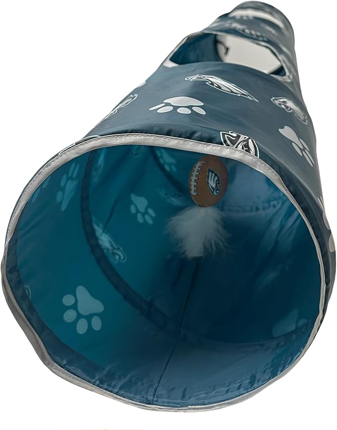 NFL Philadelphia Eagles Cat Tunnel Tube Toy with Plush Football Catnip and Feathers Collapsible Tunnel for Cats to Play, Peek and Hide, Sporty &amp; Fun Cat Tunnel Toy with Team Logo All-Over Design!