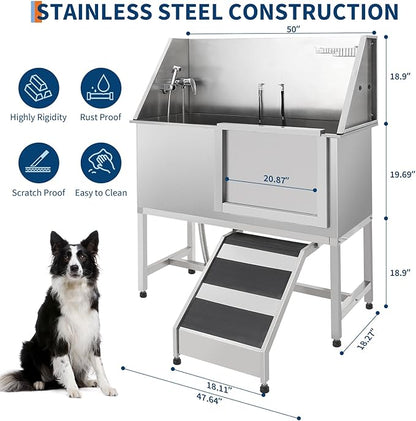 Stainless Steel Dog Washing Station - Dog Bath Tub for Large, Medium, Small Dogs, Pet Grooming Tub with Ramp, Non-Slip Grate, Shower, Soap Box, Faucet, Drain for Home &amp; Outdoor （Right RAMP, 50"）