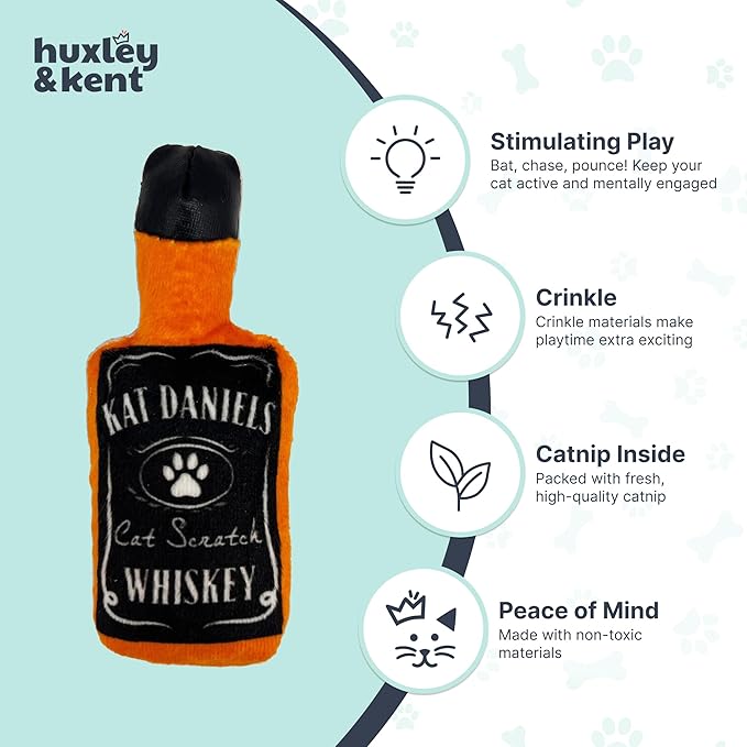 Huxley &amp; Kent Plush Cat Toy - Interactive Catnip Toy for Cats &amp; Kittens - Soft Kitty Toy with Crinkle &amp; Catnip - Fun Indoor Play Toy - Kat Daniels Whiskey