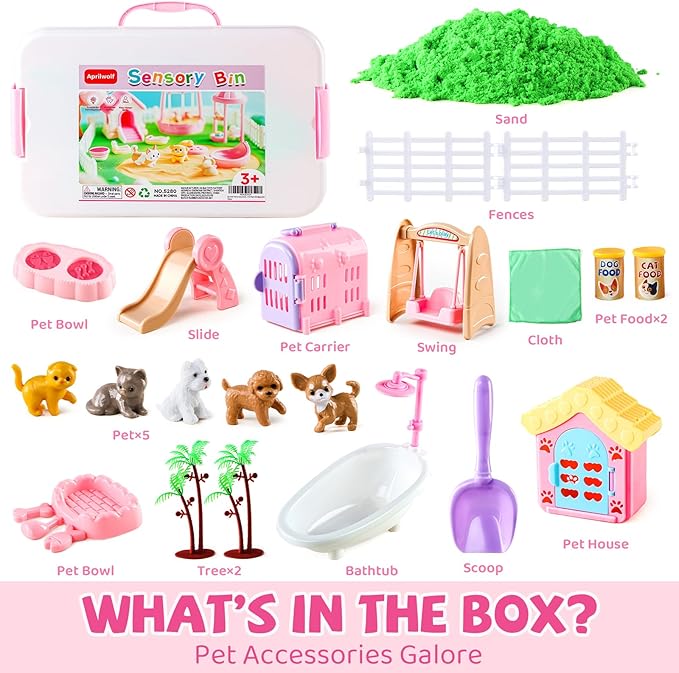 21 PCS Pet Sensory Bin, Dog &amp; Cat Sandbox with Sand &amp; Box, Play Sand Art Toys Kit, Pet Care Play Set, Beach Toys for Kids Ages 4-8, Birthday Gift Girls Boys 3 4 5 6 7 Years Old