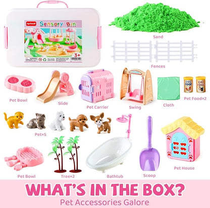 21 PCS Pet Sensory Bin, Dog &amp; Cat Sandbox with Sand &amp; Box, Play Sand Art Toys Kit, Pet Care Play Set, Beach Toys for Kids Ages 4-8, Birthday Gift Girls Boys 3 4 5 6 7 Years Old