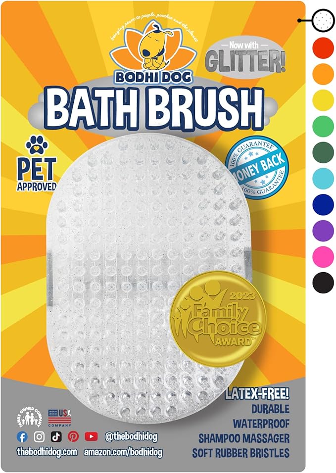 Bodhi Dog Shampoo Brush - Pet Grooming &amp; Bath Supplies for Dogs and Cats - Bath Brush for Long &amp; Short Hair - Premium Scrubber for Shower, Bathing &amp; Massage (One Pack, Silver Glitter)