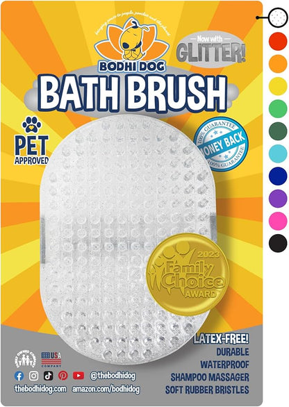 Bodhi Dog Shampoo Brush - Pet Grooming &amp; Bath Supplies for Dogs and Cats - Bath Brush for Long &amp; Short Hair - Premium Scrubber for Shower, Bathing &amp; Massage (One Pack, Silver Glitter)