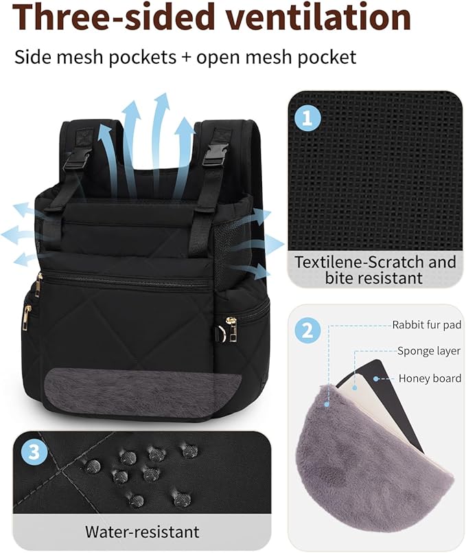OFY Cat Carrier Puffy Backpack Breathable Small Dog Front Backpack Large Space for Small Dogs, Drawstring &amp; Water-Resisant Pet Bag for Travel Hiking, Black Patent Pending