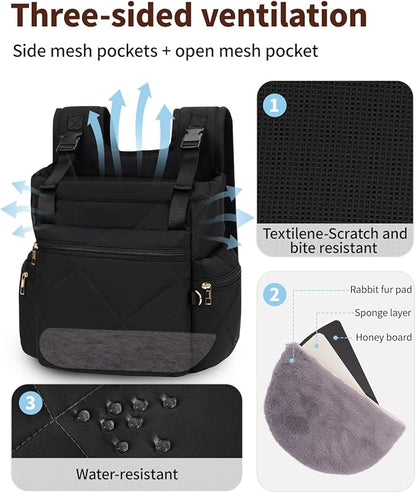 OFY Cat Carrier Puffy Backpack Breathable Small Dog Front Backpack Large Space for Small Dogs, Drawstring &amp; Water-Resisant Pet Bag for Travel Hiking, Black Patent Pending