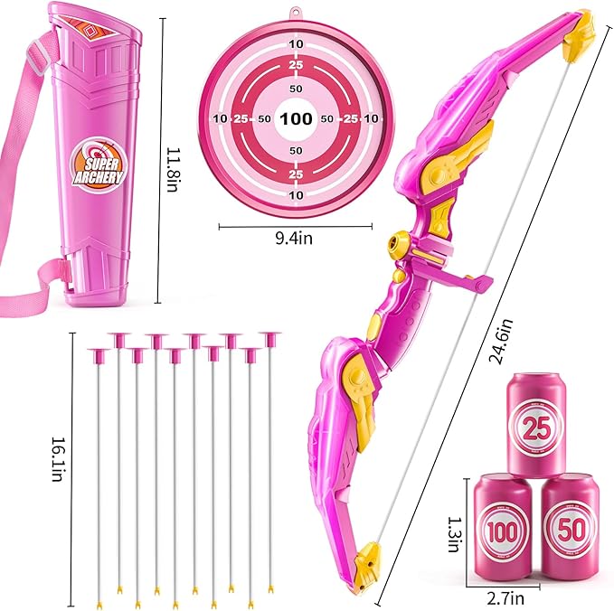 TEMI Bow and Arrow Set for Kids - Archery Toy Set - LED Light Up with Suction Cup Arrows, Target &amp; Quiver, Indoor and Outdoor Toys for Children Boys Girls