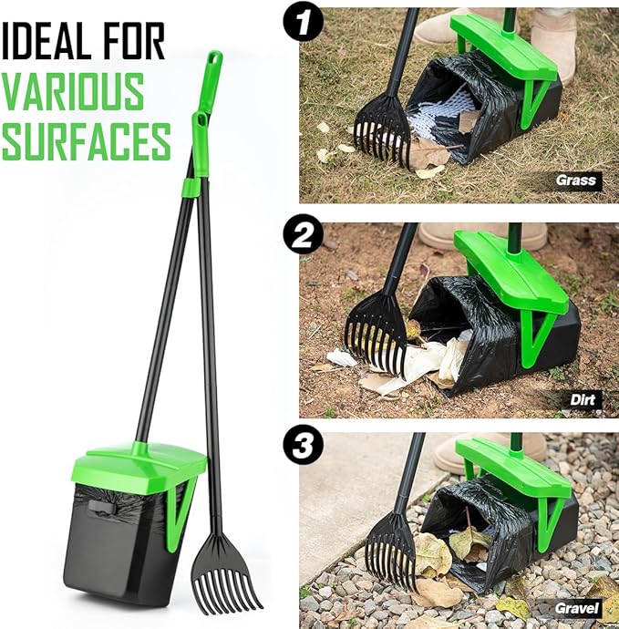 Pooper Scooper Swivel Bin &amp; Rake with 100 Waste Bags, Dog Pooper Scooper with Bag Attachment for Large Medium Small Dogs, Poop Scooper with Lid for Lawn Yard Dog Kennel