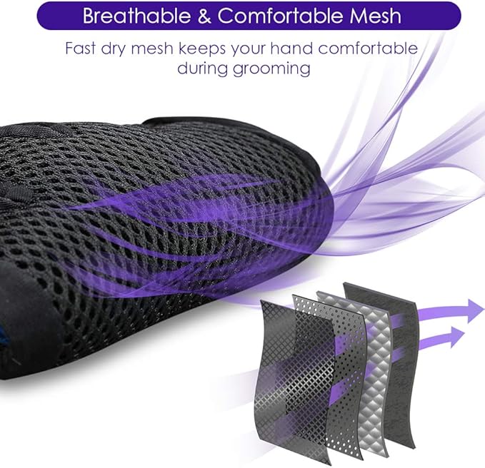 Upgrade Version Pet Grooming Glove - Gentle Deshedding Brush Glove - Efficient Pet Hair Remover Mitt - Enhanced Five Finger Design - Perfect for Dog &amp; Cat with Long &amp; Short Fur - 1 Pair (Purple)