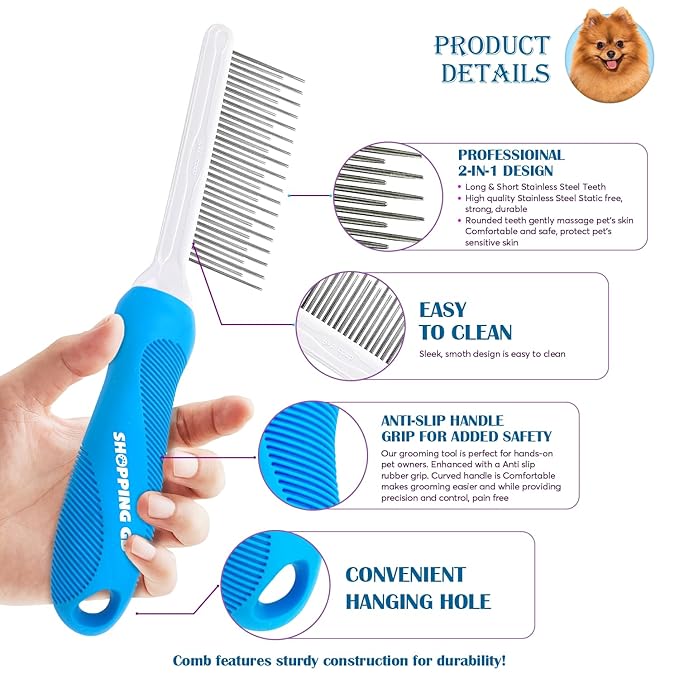 Detangling Pet Grooming Comb for Dogs &amp; Cats with Long &amp; Short Stainless Steel Metal Teeth for Removing Tangles and Knots - Dematting Brush to Detangle Matted Hair