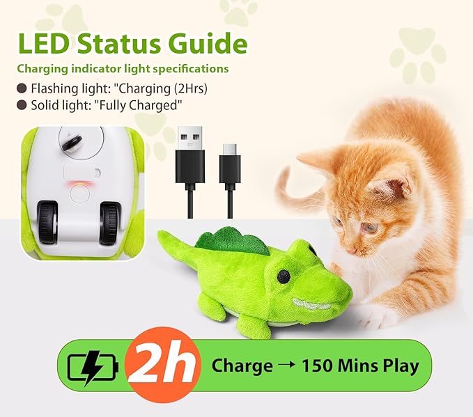 Interactive Cat Toys for Indoor Cats - Automatic Moving Cat Chase Toy for Bored Indoor Adult Cats - 360° Random Movement, Tail Wagging &amp; Catnip Stimulation - Electric Croc(Short Plush)