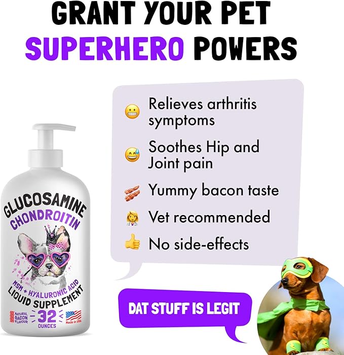 Liquid Glucosamine for Dogs Bacon Flavour Chondroitin, MSM &amp; Hyaluronic Acid K9 Supplement Hip and Joint Formula Advanced Mobility Joint Pain Relief Senior Advanced Supplement for All Breeds 32 oz