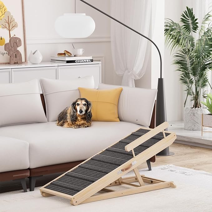Dog Ramp for Bed, Couch, Car, Folding Pet Ramps 44.48" Long Adjustable 15"-22" Wooden Stairs with High Traction Mat &amp; Safety Side Rails for Small &amp; Medium Old Dogs &amp; Cats, up to 200 lbs