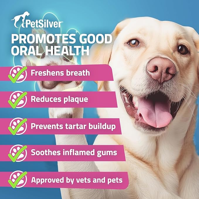 PetSilver Teeth &amp; Gum Spray - Dog Dental &amp; Teeth Cleaning Spray for Plaque &amp; Tartar Build-Up Reduction - Natural Breath Freshener for Dogs &amp; Cats - Patented Chelated Silver - Made in USA - 4oz, 2-Pack