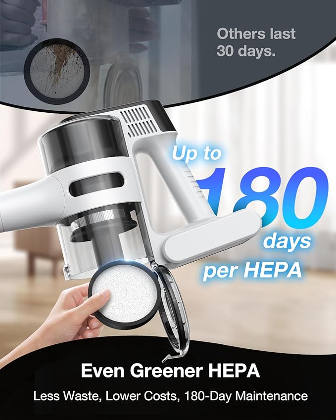 Cordless Stick Vacuum Cleaner for Home, Lightweight Rechargeable Vacuum with 55min Runtime, Powerful Suction, Green LED Headlight, 9-in-1 Pet Hair Carpet &amp; Hardwood Floor Cleaner