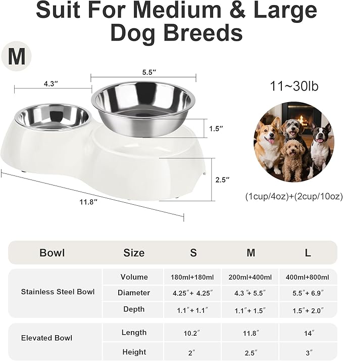 Double Dog Bowls Set – Non-Slip Pet Food &amp; Water Dishes with Resin Stand, Includes Small (1 Cup) &amp; Medium (2 Cups) Bowls – Ideal for Puppies, Cats, and Medium Dogs – White