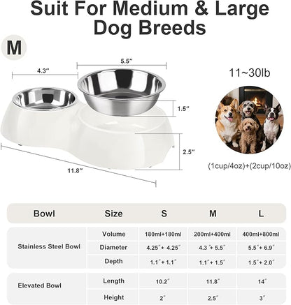 Double Dog Bowls Set – Non-Slip Pet Food &amp; Water Dishes with Resin Stand, Includes Small (1 Cup) &amp; Medium (2 Cups) Bowls – Ideal for Puppies, Cats, and Medium Dogs – White