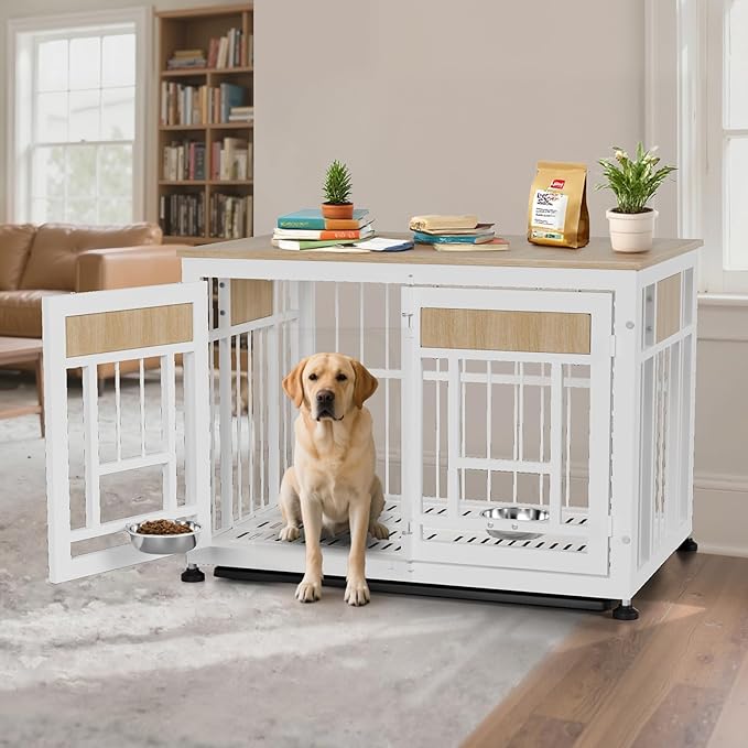 Dog Crate Furniture End Table, 38 Inch Hidden Kennel Cabinet with Removable Tray, Thickened Metal Frame Dog Cage, Dual-Purpose Pet House &amp; Nightstand for Living Room