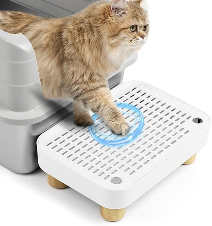 Cat Litter Box Step Ramp, Cat Litter Catcher Mat with Wooden Feet, Filter Function, Cat Pedal Stool for Self-Cleaning Cat Litter Box, Ideal for Kitten &amp; Elderly Cats (White)
