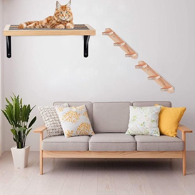 Handcrafted Wood Cat Perch &amp; Shelves - Floating Shelf with Cat Hammock Seat, Lounge Bed, Climbing Steps for Relaxing, Playing and Scratching