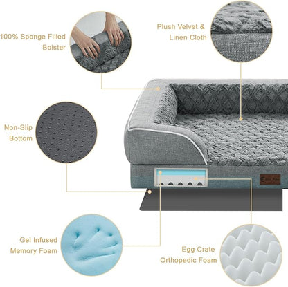 Orthopedic XL Dog Bed for Extra Large Dogs, Waterproof Memory Foam Dog Beds with Sides, Non-Slip Bottom and Egg-Crate Foam Big Dogs Couch Beds with Removable Washable Cover(X-Large,Grey)