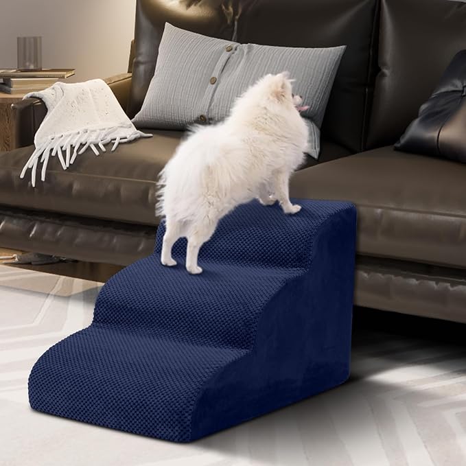 Dog Stairs for Small Dogs - High Density Foam Pet Steps, Extra Wide Dog Ramp with Non-Slip Bottom for High Beds, Couch and Sofa, Best for Dogs Injured, Older Doggy Cats, 3 Steps, Navy