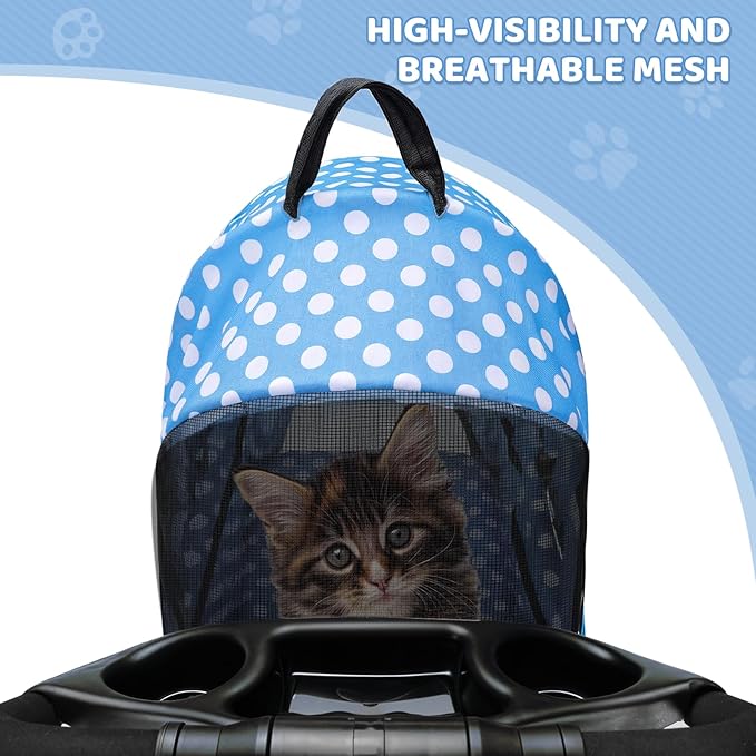 Magshion Foldable Pet Stroller, 3-in-1 Dog Travel Jogger with Detachable Carrier, Cup Holder, Storage Basket, Folding Carrier for Small/Medium Dogs &amp; Cats Up to 33 lbs, Sky Blue Polka Dots