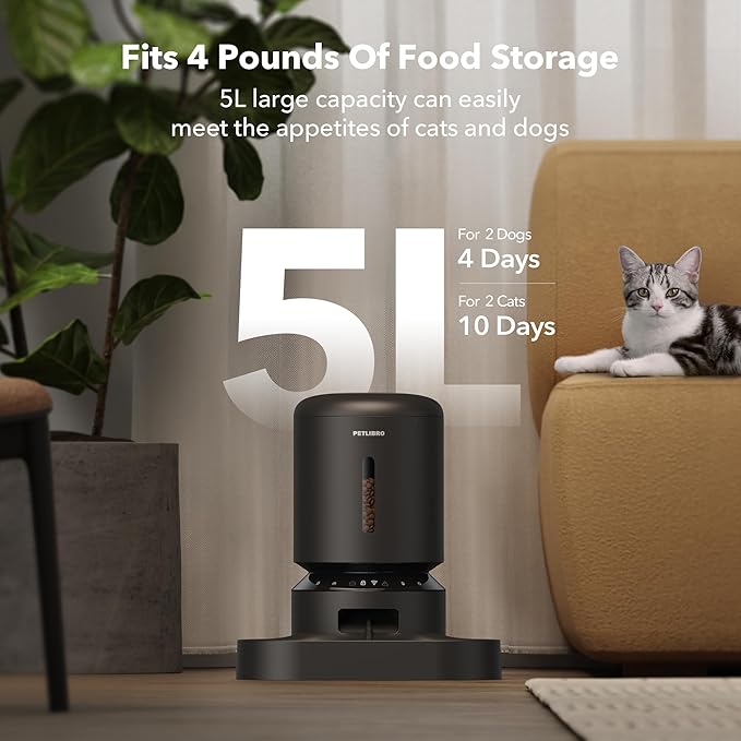 PETLIBRO Automatic Cat Feeder for 2 Cats, 5G&amp;2.4G WiFi Pet Feeders, 5L Programmable Cat Food Dispenser with Airtight Lock-Fresh Technology, Dual Stainless Steel Bowls, Low Food Sensor
