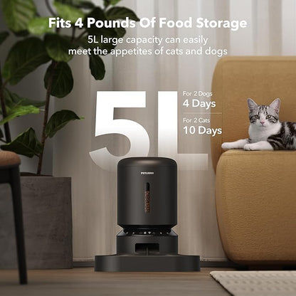 PETLIBRO Automatic Cat Feeder for 2 Cats, 5G&amp;2.4G WiFi Pet Feeders, 5L Programmable Cat Food Dispenser with Airtight Lock-Fresh Technology, Dual Stainless Steel Bowls, Low Food Sensor