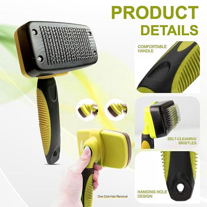 Pet Self Cleaning Slicker Brush and Grooming Comb - Gently Removes Loose Hair, Tangles, and Dirt - Skin Friendly Deshedding Grooming Tool for Hair Dogs &amp; Cats - Pet Supplies Accessories (Yellow)