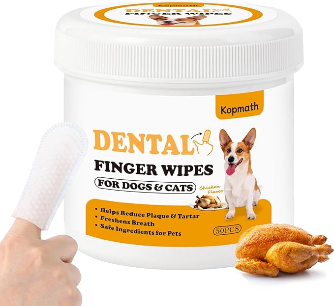 Teeth Cleaning Finger Wipes, Dog Dental Wipes, Reduce Plaque &amp; Tartar, Freshen Breath, Safe &amp; Natural Pet Dental Wipes for Dogs Teeth, Portable Dog Tooth Wipes for Cats,50 Ct, Chicken Scent