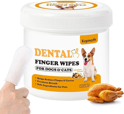 Teeth Cleaning Finger Wipes, Dog Dental Wipes, Reduce Plaque &amp; Tartar, Freshen Breath, Safe &amp; Natural Pet Dental Wipes for Dogs Teeth, Portable Dog Tooth Wipes for Cats,50 Ct, Chicken Scent