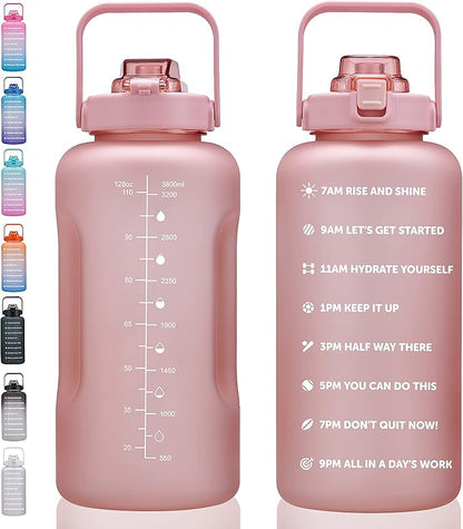 64oz,100oz,128oz Large Motivational Water Bottle with Time Marker, Leakproof &amp; BPA Free Half Gallon Big Water Bottle with Straw Handle Tritan Frosted Water Jug for Gym,Fitness,Outdoor Sports