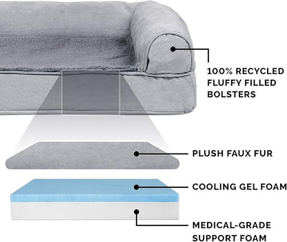Furhaven Cooling Gel Dog Bed for Large Dogs w/ Removable Bolsters &amp; Washable Cover, For Dogs Up to 125 lbs - Plush &amp; Suede Sofa - Gray, Jumbo Plus/XXL