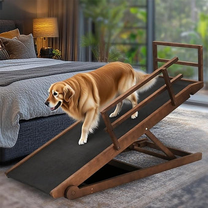 Dog Ramp for Bed, 5 Level Adjustable Dog Ramp for High Beds, Upgrade Rubber Mat High Traction Ramp with Safety Rails, Folding Pet Ramp for Bed, Couch,SUV, Natural Wood Pet Ramp for Small &amp; Old Dogs
