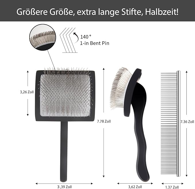 Dog Slicker Brush for Shedding and Grooming Medium or Long Haired Cats, Extra Long &amp; Soft Pin Slicker Brush for Removes Loose Hair, Tangles, Knots, Undercoat, Free Pet Comb, Large Black