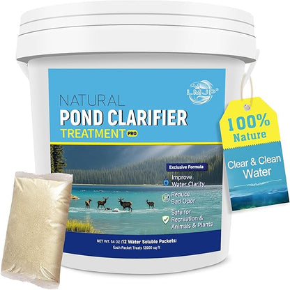 Pond Clarifier Treatment – 12 Packets Natural Pond Water Clear for Outdoor Lakes – Beneficial Enzymes to Improve Water Clarity &amp; Eliminate Odor – Treats Up to 144000 Sq Ft