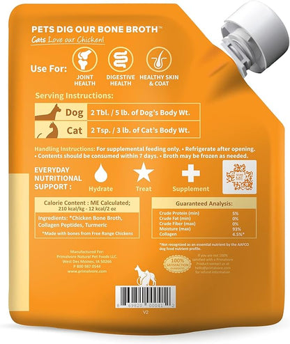 Primalvore Free-Range Bone Broth for Dogs &amp;Cats, Mobility Formula w/Collagen Peptides to Help Support Hip &amp; Joints, Digestion, Skin &amp; Coat and Hydration, Human Grade, Made in USA. Chicken 2 Pack