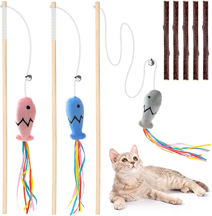 Natural Wood Cat Wand Toy with Ribbon Fish Teaser - 3pcs, 16 Inch, Indoor Cat Exerciser &amp; Playing Kitten Toy, Bonus 5pcs Catnip Sticks for Teeth Cleaning