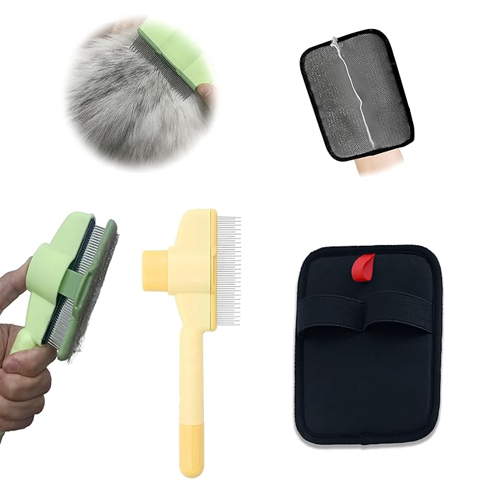 1 PCS Pet Hair Removal Glove w/ 2PCS Pet Combs,Electrostatic Gloves for Cats&amp;Dogs Flea Comb,Dog Comb,Cat Comb,Brush for Shedding,Reusable Animal Fur Removal Tool for Couch,Furniture,Carpet,Curtain