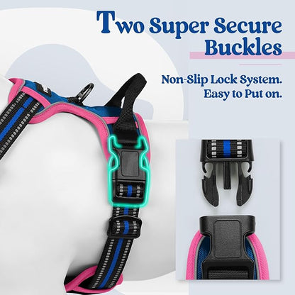 rabbitgoo Dog Harness No Pull with 2 Leash Clips, Adjustable Soft Padded, Reflective Oxford No Choke Pet Vest with Easy Control Handle for Large Dogs, Blue &amp; Hot Pink, XL