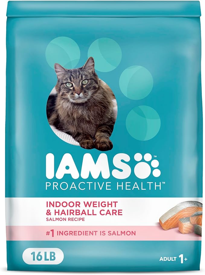 IAMS Proactive Health Indoor Weight Control &amp; Hairball Care Adult Dry Cat Food, Salmon Recipe, 16 lb. Bag